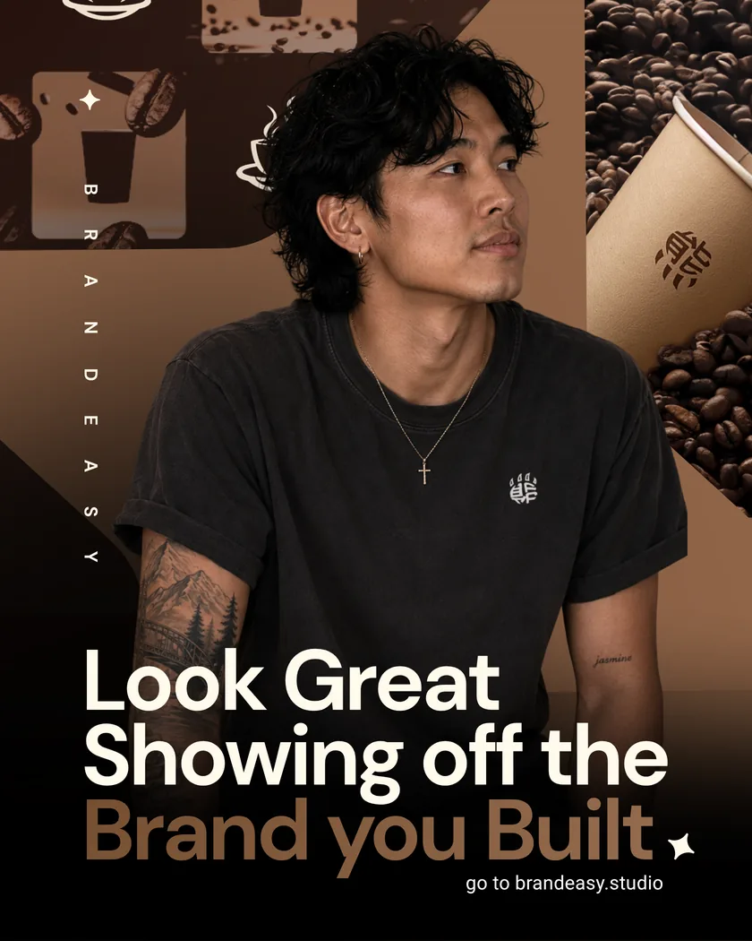 Coffee brand employee wearing branded apparel.
